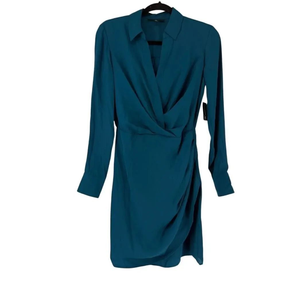 INC Dress Long Sleeve Size XS Mosaic Green Collared Faux Wrap V Neck NEW Draped